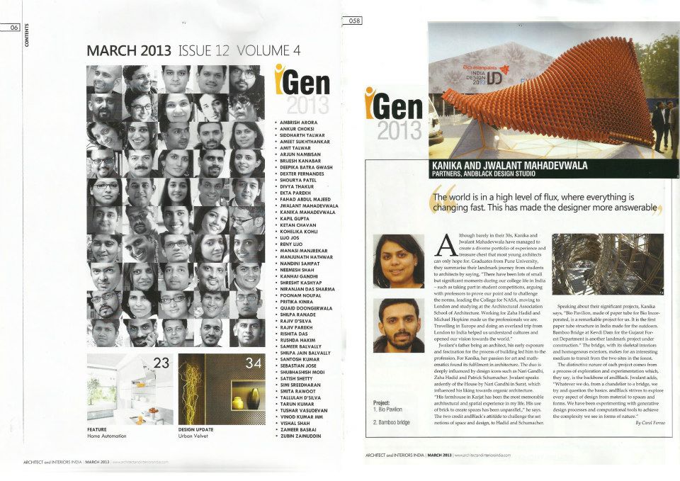 andblack design studio gets named next generation architects in Architects and Interiors India March 2013 Edition