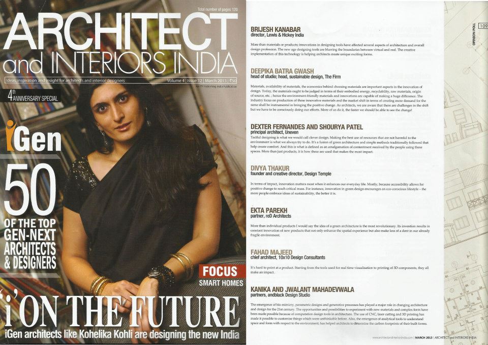 Cover page for Architects and Interiors India March 2013 Edition 